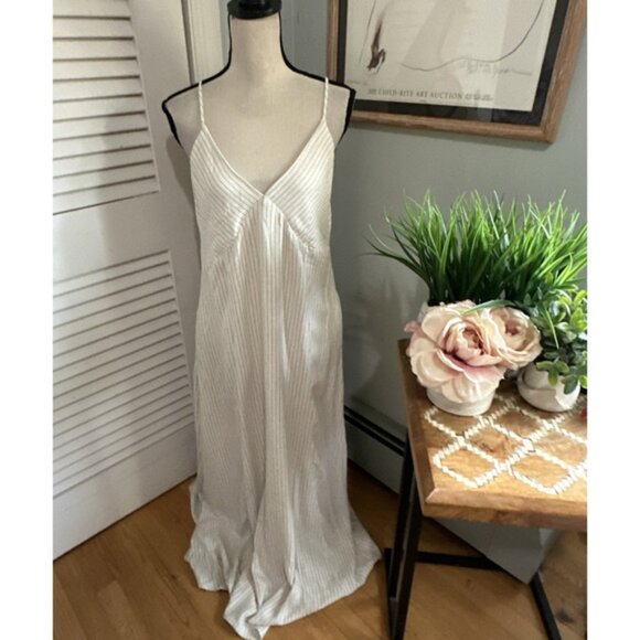 HUNTER BROWN Womens Dress XL Cream Striped Maxi Plunging V Neck Halter Backless - Picture 1 of 13